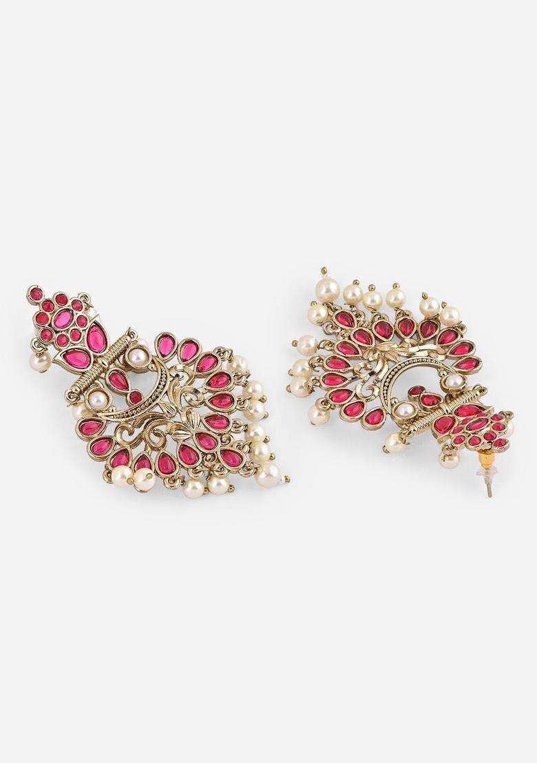 Gold -Toned Red Kundan Floral Pearls Drops Muhuratam Chandbali Earrings for Women | Traditional Temple Jewellery for Wedding & Festive Wear | Gift for Her - Indya