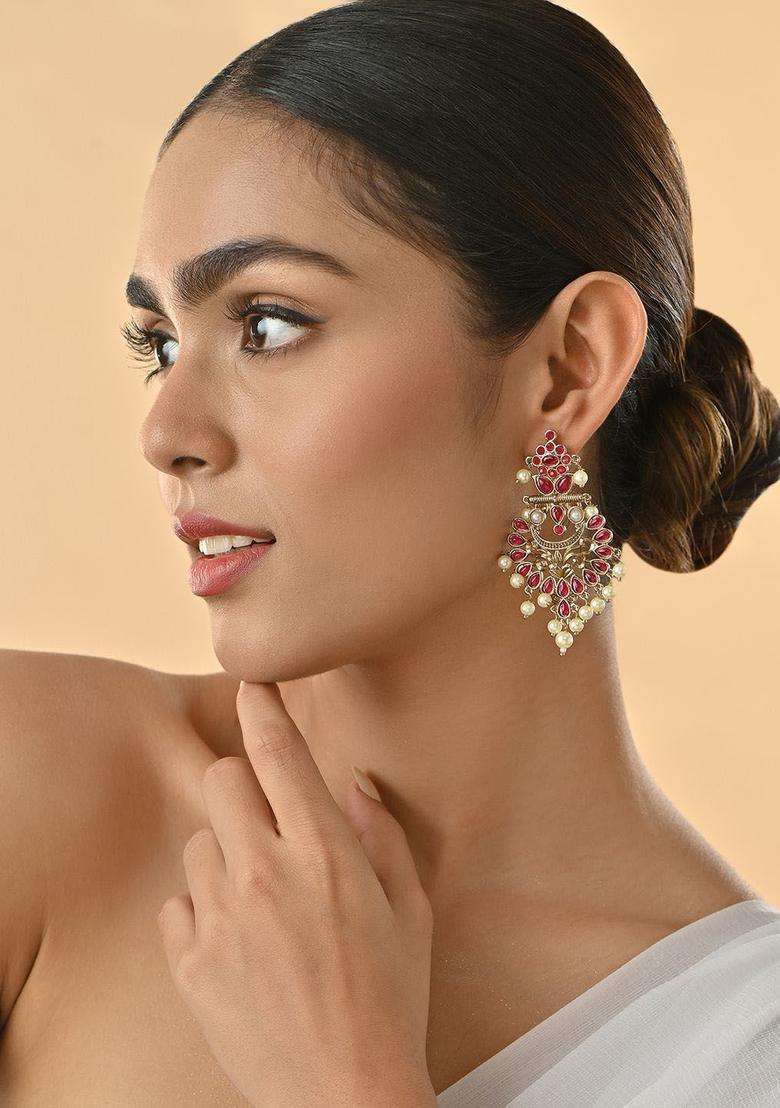 Gold -Toned Red Kundan Floral Pearls Drops Muhuratam Chandbali Earrings for Women | Traditional Temple Jewellery for Wedding & Festive Wear | Gift for Her - Indya