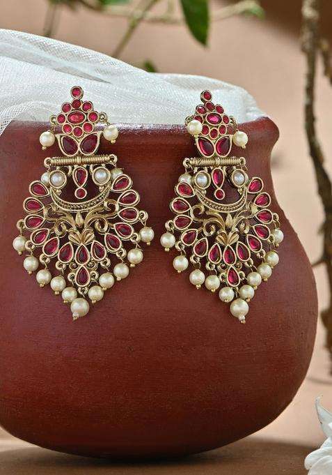 Gold -Toned Red Kundan Floral Pearls Drops Muhuratam Chandbali Earrings for Women | Traditional Temple Jewellery for Wedding & Festive Wear | Gift for Her