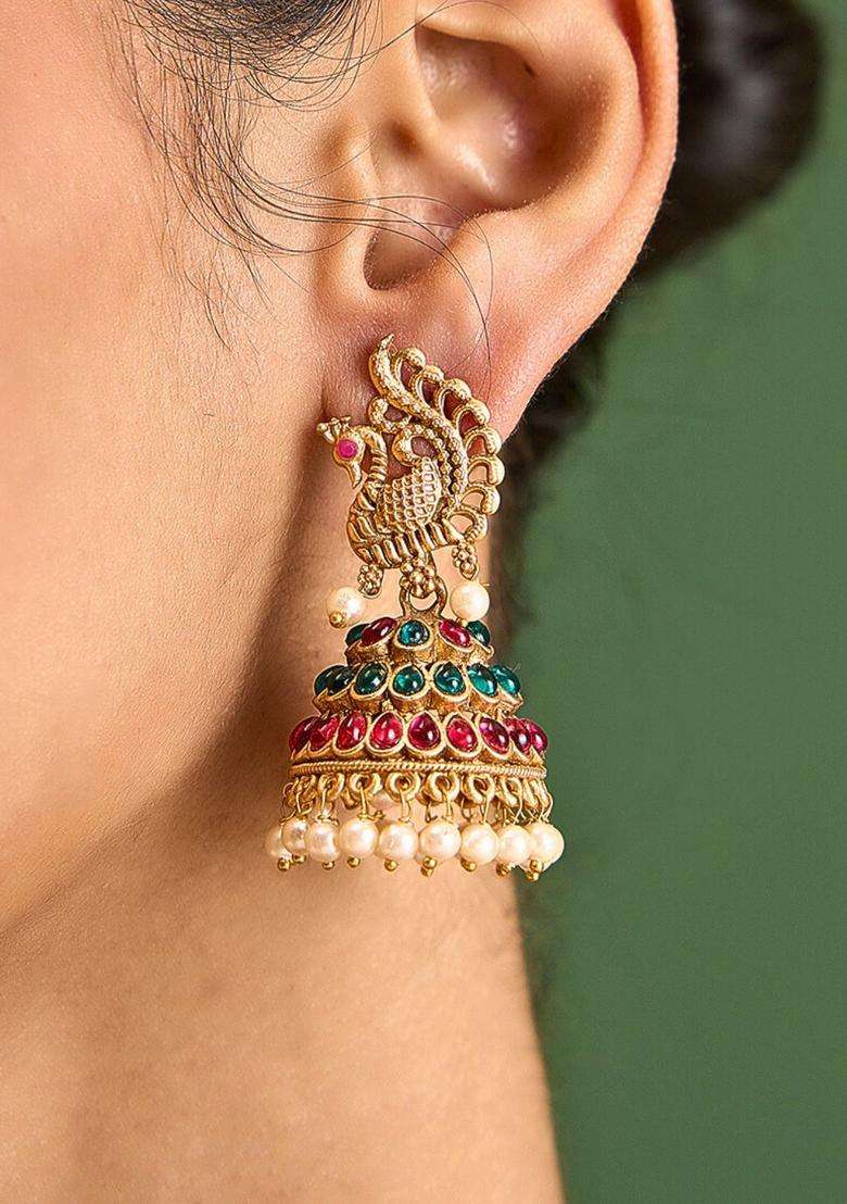 Gold-Plated Dome Shaped Jhumkas Earrings for Women | Traditional Temple Jewellery for Wedding & Festive Wear | Gift for Her - Indya