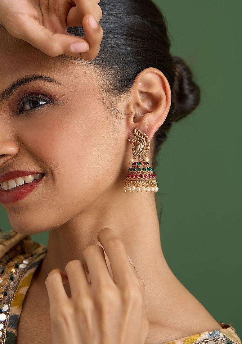 Gold-Plated Dome Shaped Jhumkas Earrings for Women | Traditional Temple Jewellery for Wedding & Festive Wear | Gift for Her - Indya