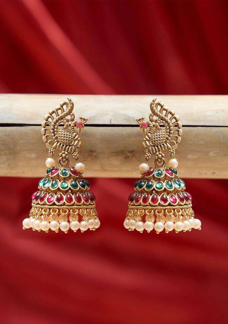 Gold-Plated Dome Shaped Jhumkas Earrings for Women | Traditional Temple Jewellery for Wedding & Festive Wear | Gift for Her - Indya