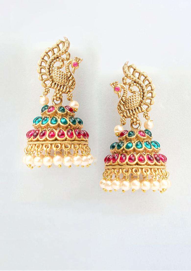 Gold-Plated Dome Shaped Jhumkas Earrings for Women | Traditional Temple Jewellery for Wedding & Festive Wear | Gift for Her - Indya