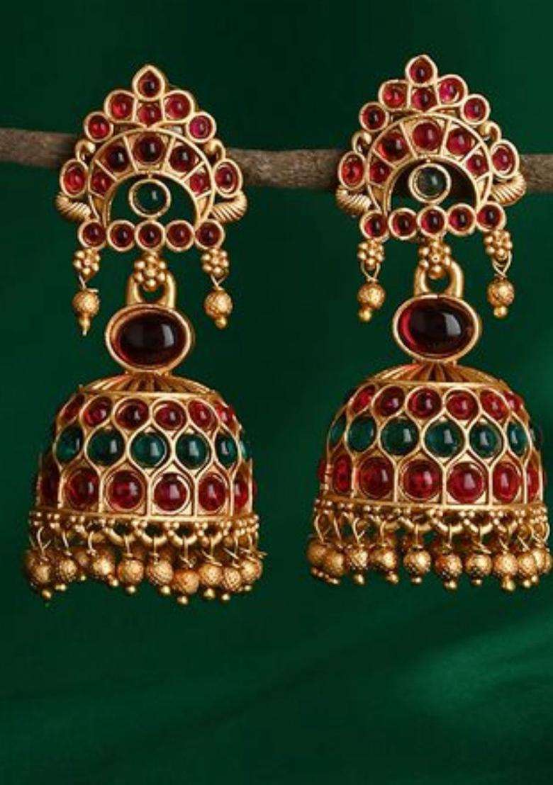 Gold-Plated Geometric Temple Jhumkas Earrings for Women | Traditional Temple Jewellery for Wedding & Festive Wear | Gift for Her - Indya