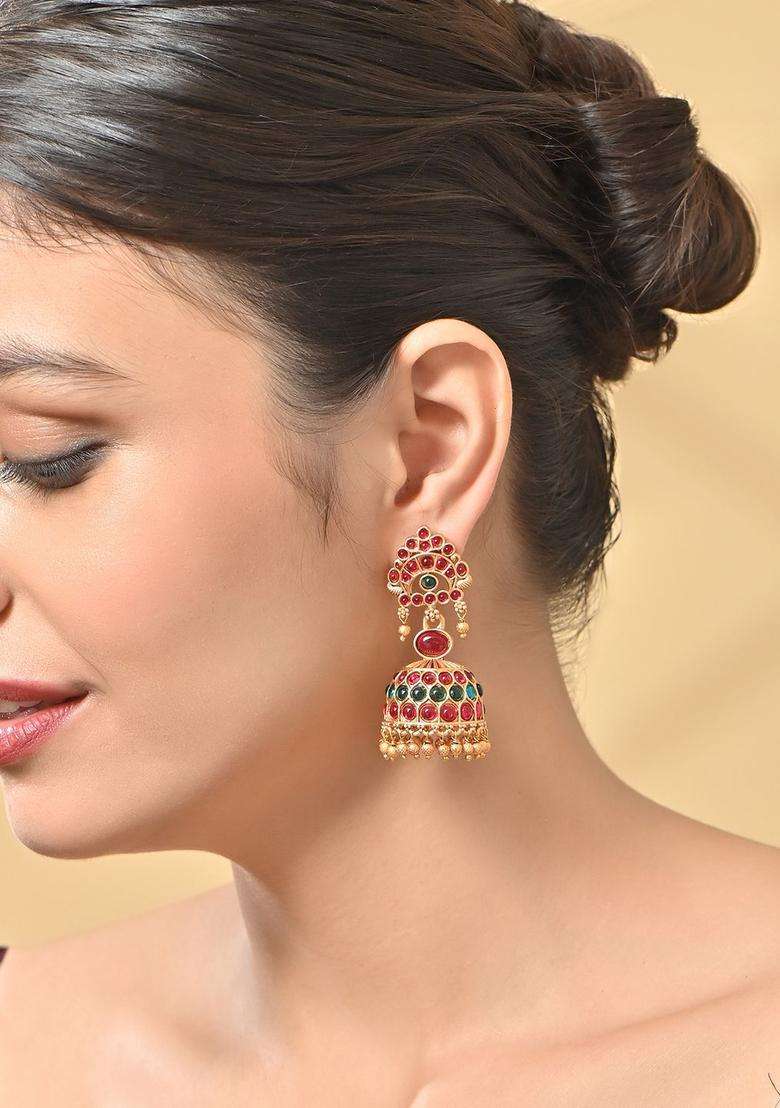 Gold-Plated Geometric Temple Jhumkas Earrings for Women | Traditional Temple Jewellery for Wedding & Festive Wear | Gift for Her - Indya