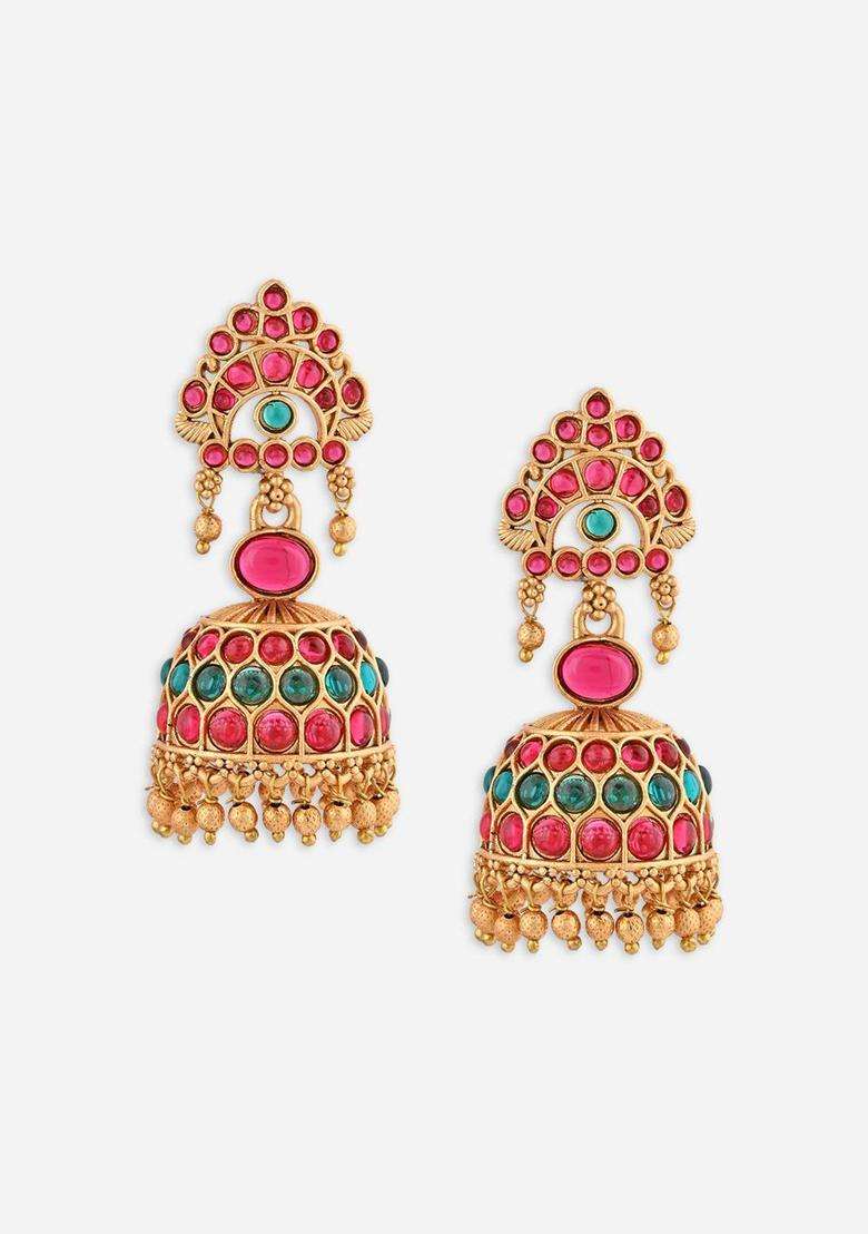 Gold-Plated Geometric Temple Jhumkas Earrings for Women | Traditional Temple Jewellery for Wedding & Festive Wear | Gift for Her - Indya
