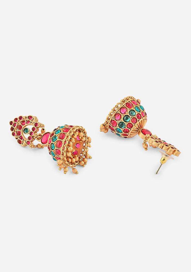 Gold-Plated Geometric Temple Jhumkas Earrings for Women | Traditional Temple Jewellery for Wedding & Festive Wear | Gift for Her - Indya