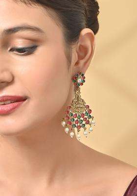 Gold-Plated Classic Artificial Stones & Pearls Temple Drop Earrings for Women | Traditional Temple Jewellery for Wedding & Festive Wear | Gift for Her