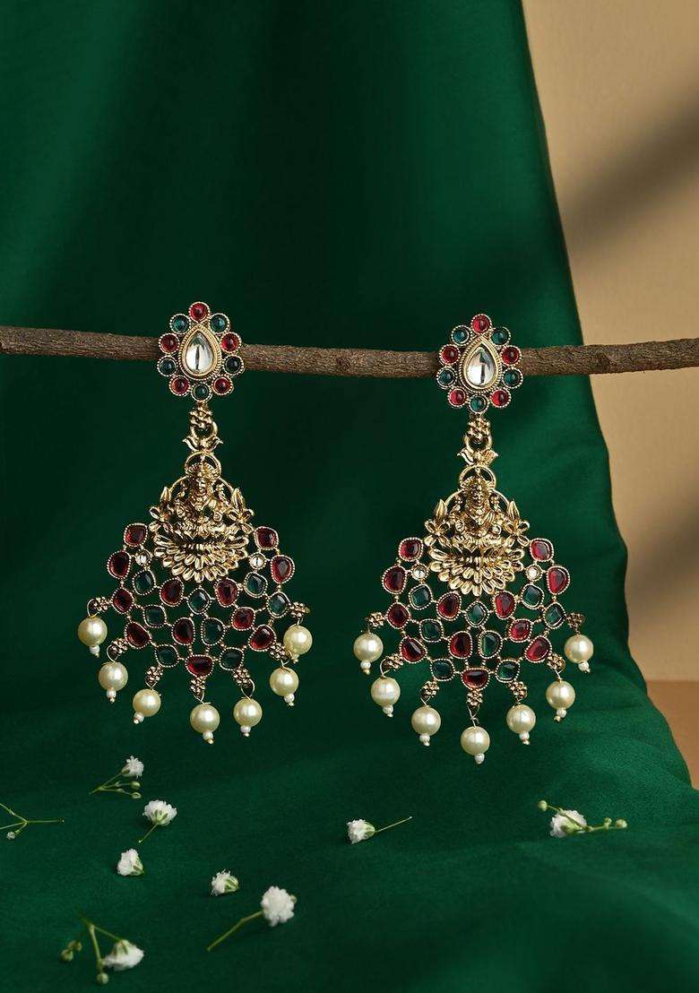 Gold-Plated Classic Artificial Stones & Pearls Temple Drop Earrings for Women | Traditional Temple Jewellery for Wedding & Festive Wear | Gift for Her - Indya
