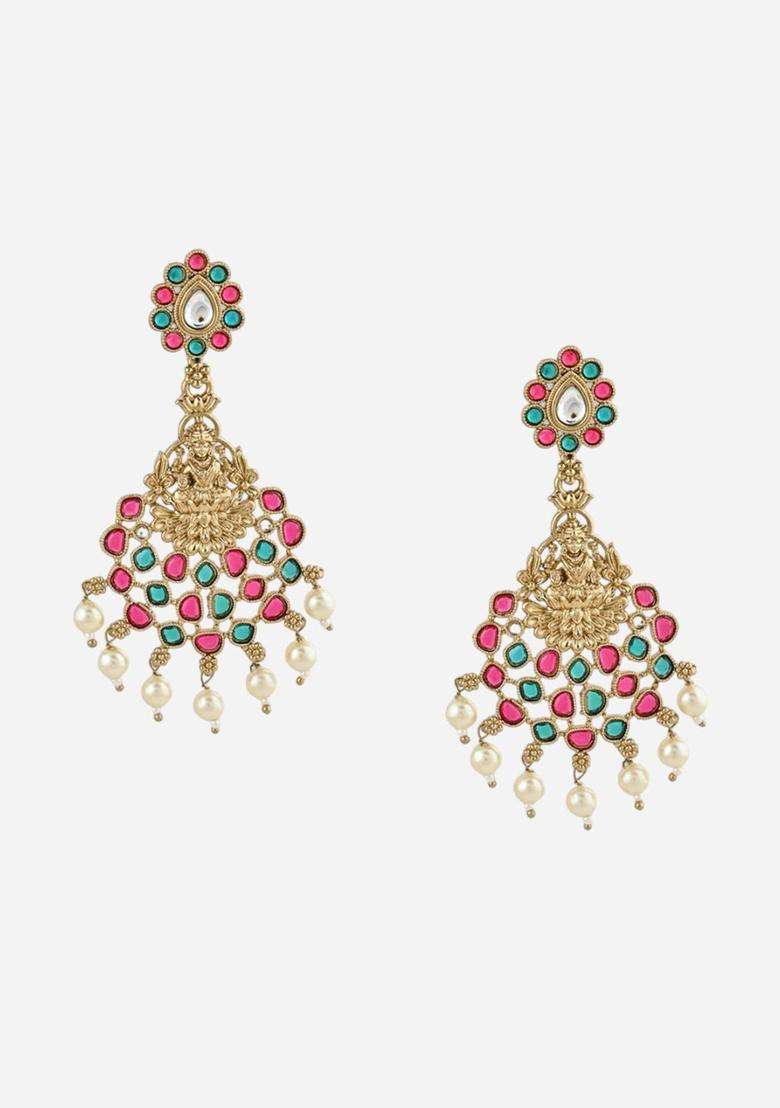 Gold-Plated Classic Artificial Stones & Pearls Temple Drop Earrings for Women | Traditional Temple Jewellery for Wedding & Festive Wear | Gift for Her - Indya