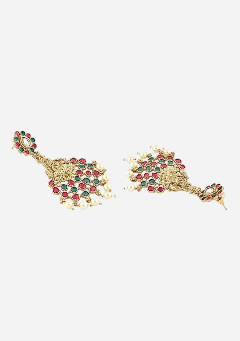 Gold-Plated Classic Artificial Stones & Pearls Temple Drop Earrings for Women | Traditional Temple Jewellery for Wedding & Festive Wear | Gift for Her - Indya