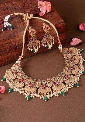 Gold-Plated Stone-Studded & Pearl-Beaded Temple Jewellery Set for Women | Traditional Temple Jewellery for Wedding & Festive Wear | Gift for Her