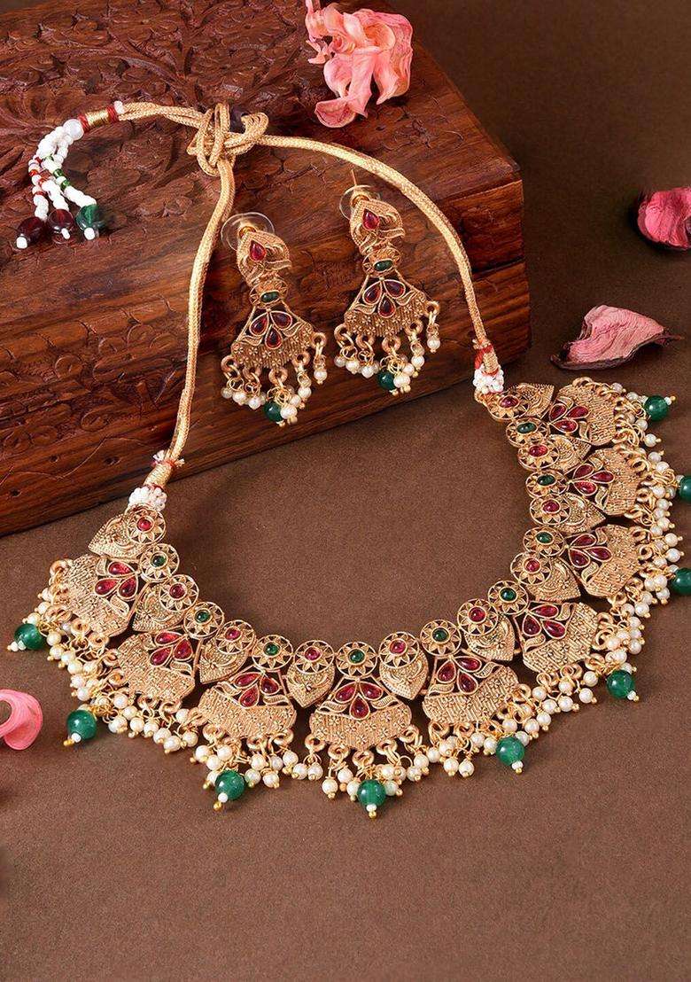 Gold-Plated Stone-Studded & Pearl-Beaded Temple Jewellery Set for Women | Traditional Temple Jewellery for Wedding & Festive Wear | Gift for Her - Indya