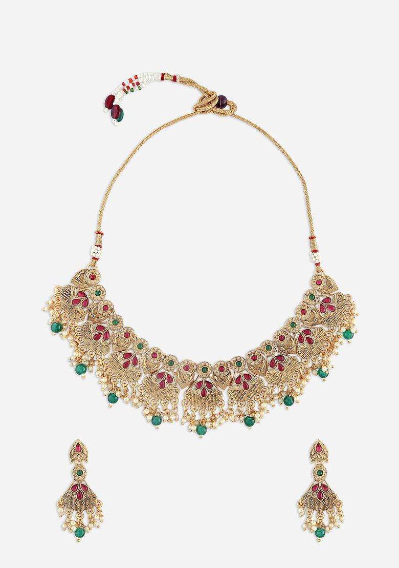 Gold-Plated Stone-Studded & Pearl-Beaded Temple Jewellery Set for Women | Traditional Temple Jewellery for Wedding & Festive Wear | Gift for Her - Indya