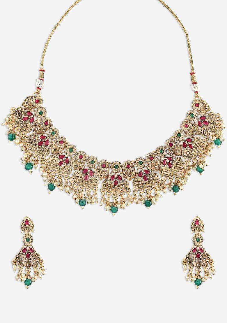Gold-Plated Stone-Studded & Pearl-Beaded Temple Jewellery Set for Women | Traditional Temple Jewellery for Wedding & Festive Wear | Gift for Her - Indya
