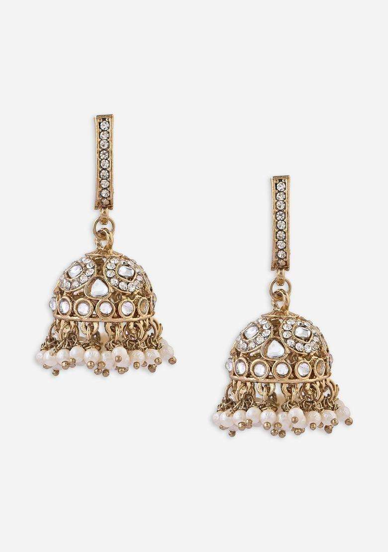Gold-Plated Dome Shaped Jhumkas Earrings with Pearl for Women | Traditional Temple Jewellery for Wedding & Festive Wear | Gift for Her - Indya