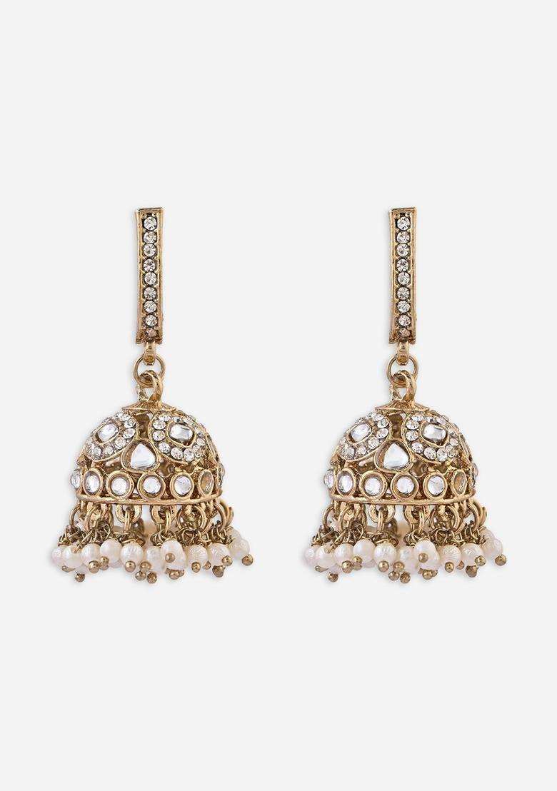 Gold-Plated Dome Shaped Jhumkas Earrings with Pearl for Women | Traditional Temple Jewellery for Wedding & Festive Wear | Gift for Her - Indya