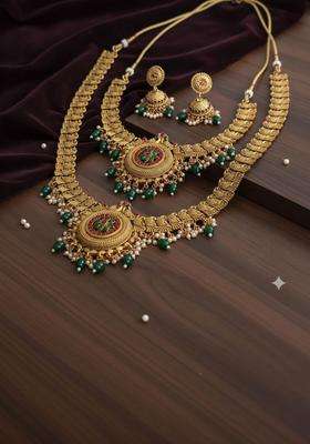 Gold-Plated Antique Stone-Studded and Beaded Jewellery Set for Women | Traditional Temple Jewellery for Wedding & Festive Wear | Gift for Her
