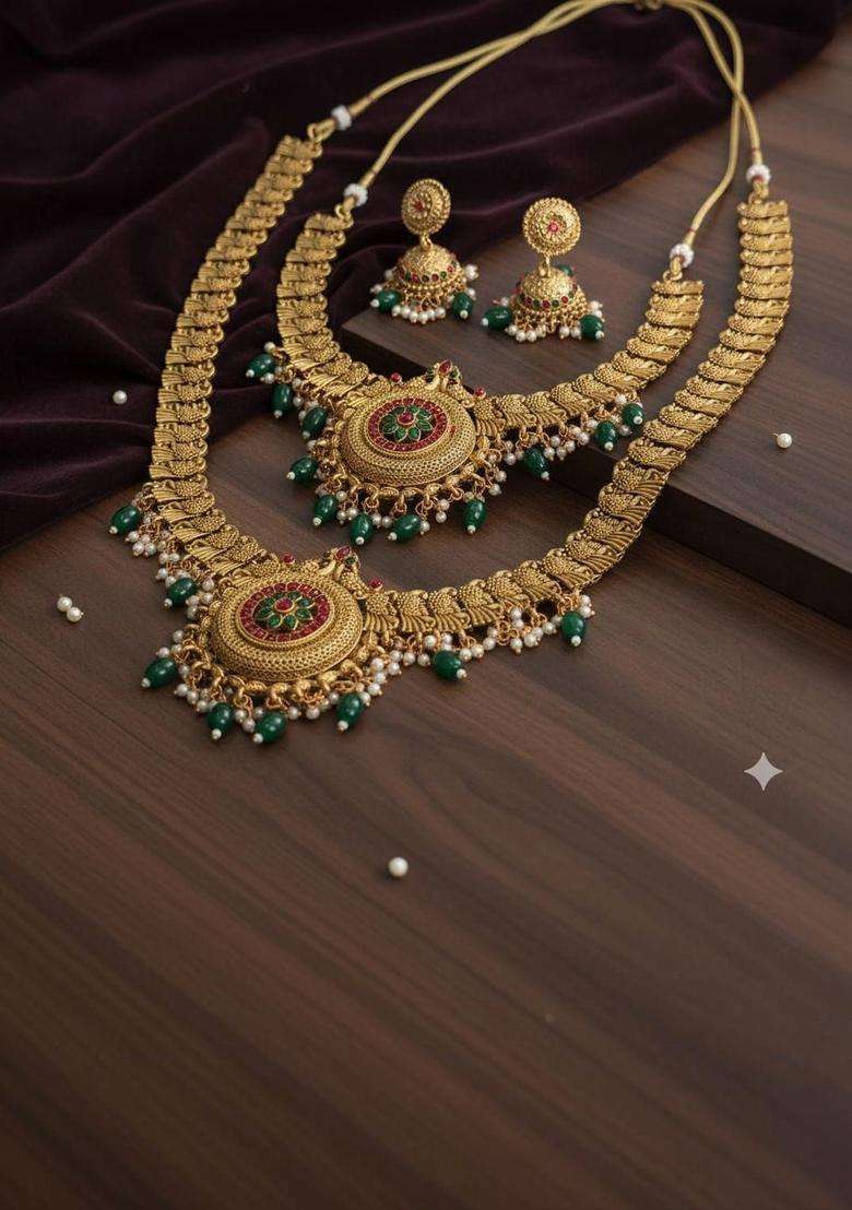 Gold-Plated Antique Stone-Studded and Beaded Jewellery Set for Women | Traditional Temple Jewellery for Wedding & Festive Wear | Gift for Her - Indya
