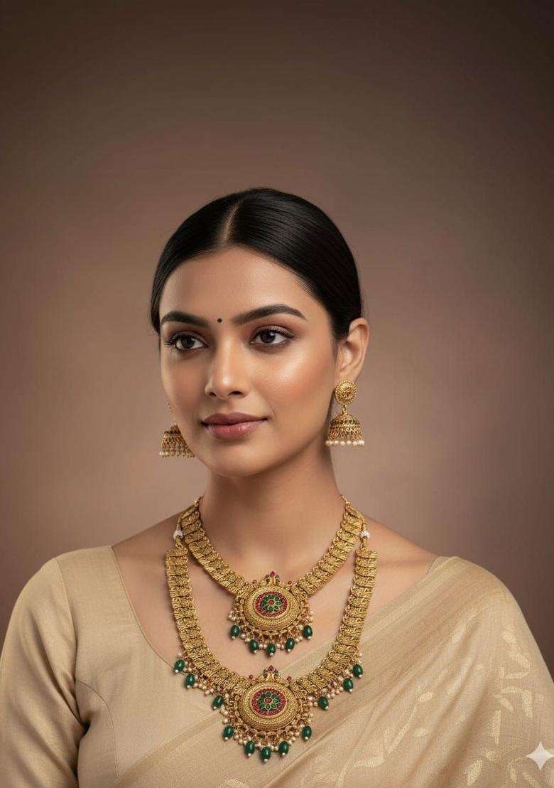 Gold-Plated Antique Stone-Studded and Beaded Jewellery Set for Women | Traditional Temple Jewellery for Wedding & Festive Wear | Gift for Her - Indya