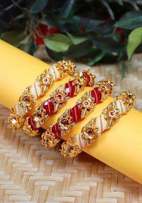 Set of 4 Gold-Plated Stone-Studded & Beaded Bangles for Women | Traditional Temple Jewellery for Wedding & Festive Wear | Gift for Her