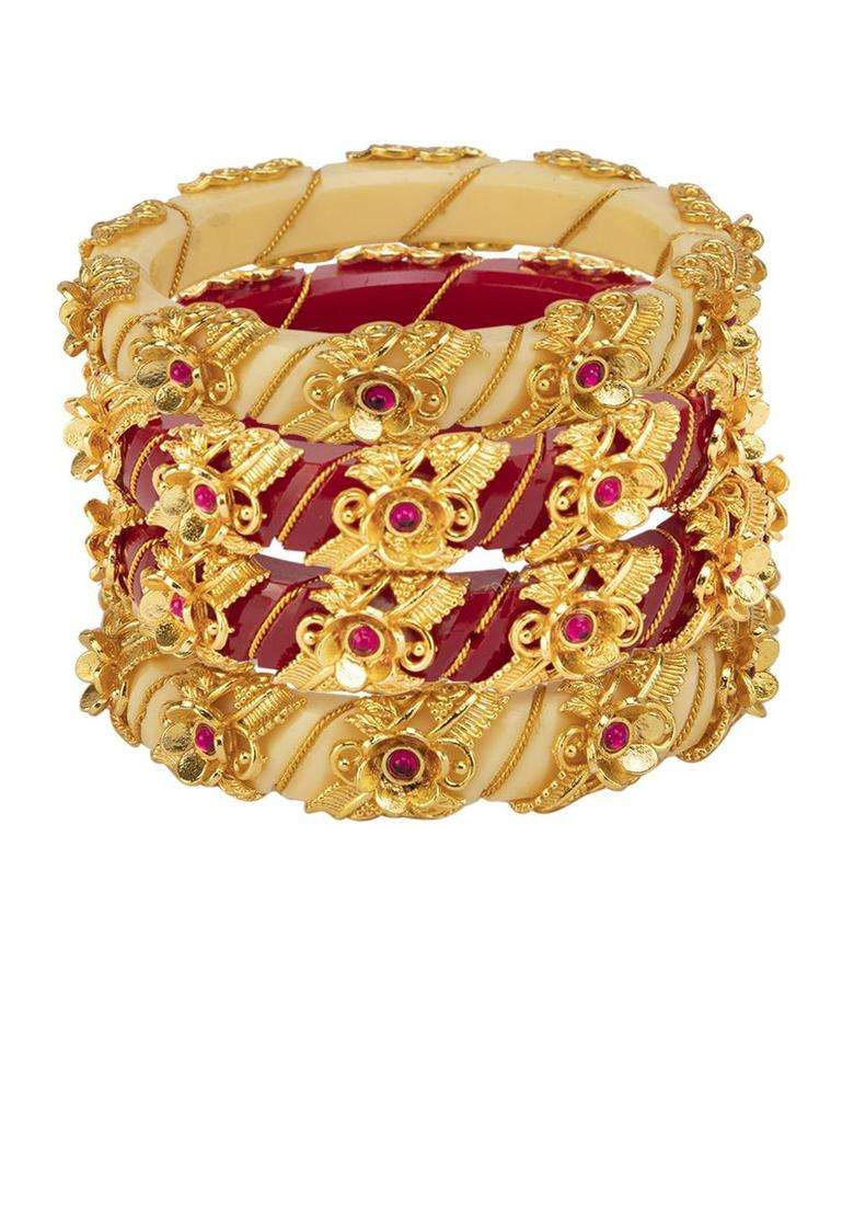 Set of 4 Gold-Plated Stone-Studded & Beaded Bangles for Women | Traditional Temple Jewellery for Wedding & Festive Wear | Gift for Her - Indya