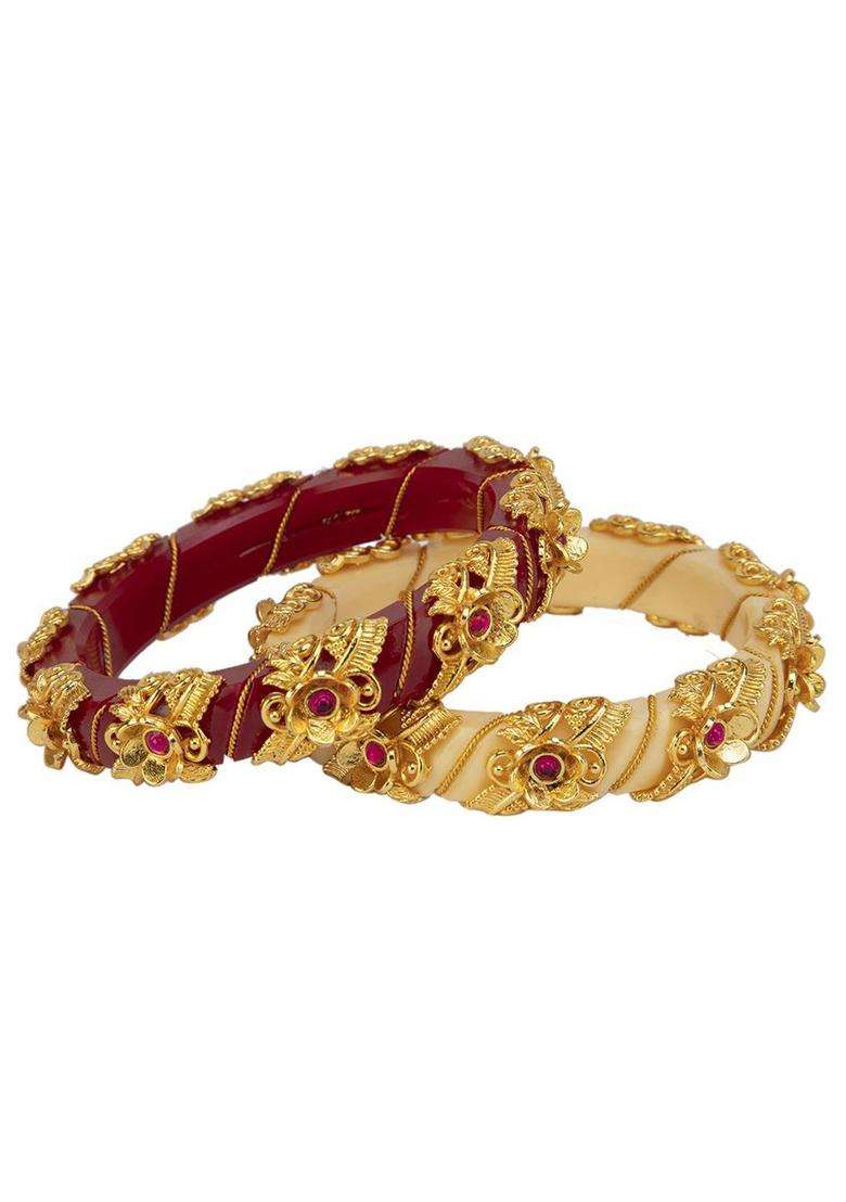 Set of 4 Gold-Plated Stone-Studded & Beaded Bangles for Women | Traditional Temple Jewellery for Wedding & Festive Wear | Gift for Her - Indya