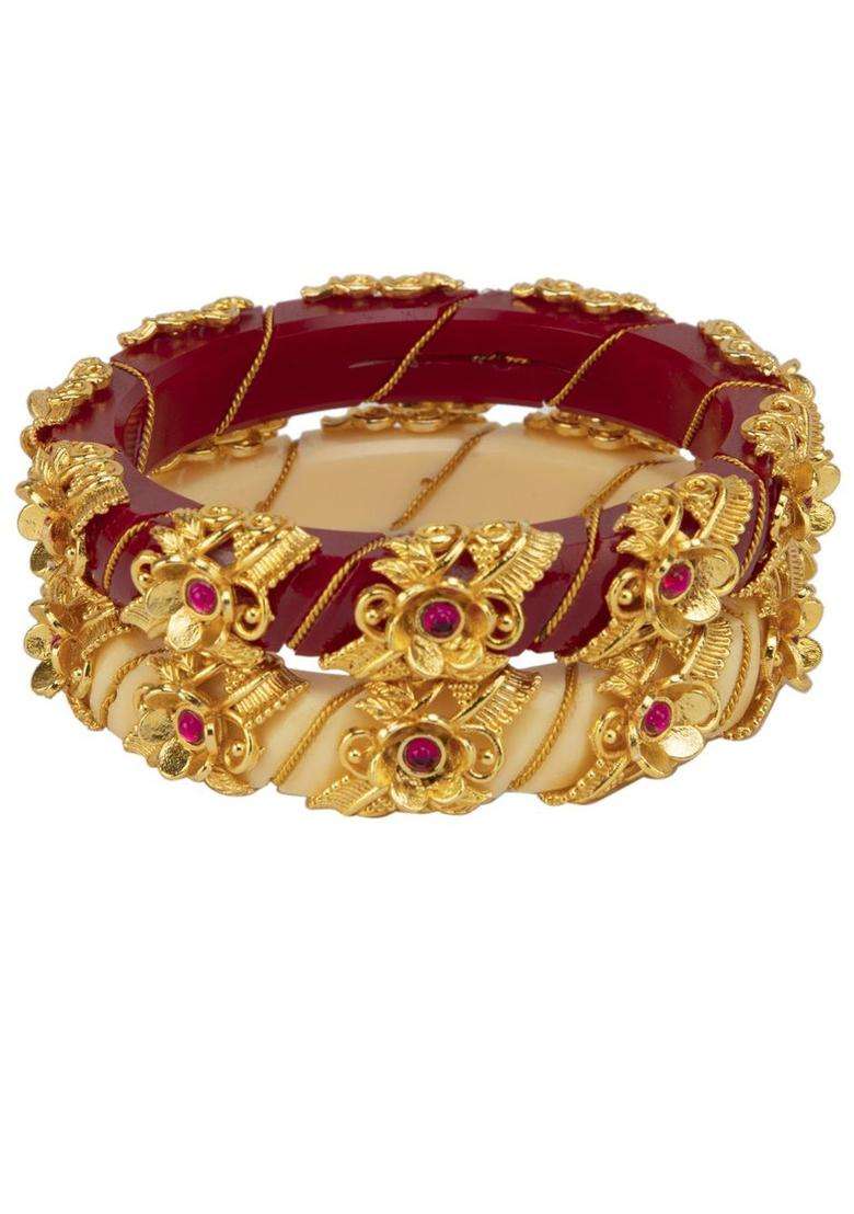 Set of 4 Gold-Plated Stone-Studded & Beaded Bangles for Women | Traditional Temple Jewellery for Wedding & Festive Wear | Gift for Her - Indya