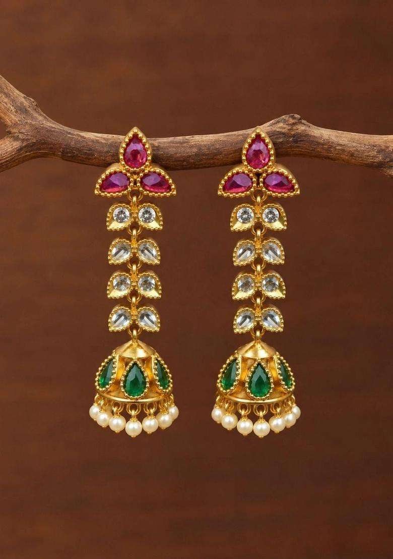Gold-Plated Leaf Shaped Jhumkas Earrings for Women | Traditional Temple Jewellery for Wedding & Festive Wear | Gift for Her - Indya