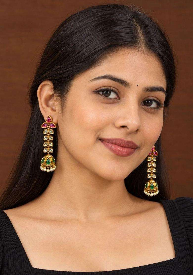 Gold-Plated Leaf Shaped Jhumkas Earrings for Women | Traditional Temple Jewellery for Wedding & Festive Wear | Gift for Her - Indya