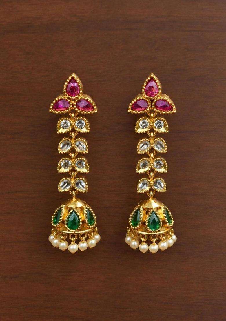 Gold-Plated Leaf Shaped Jhumkas Earrings for Women | Traditional Temple Jewellery for Wedding & Festive Wear | Gift for Her - Indya