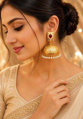 Gold-Plated Dome Shaped Jhumkas Earrings with Kundan for Women | Traditional Temple Jewellery for Wedding & Festive Wear | Gift for Her
