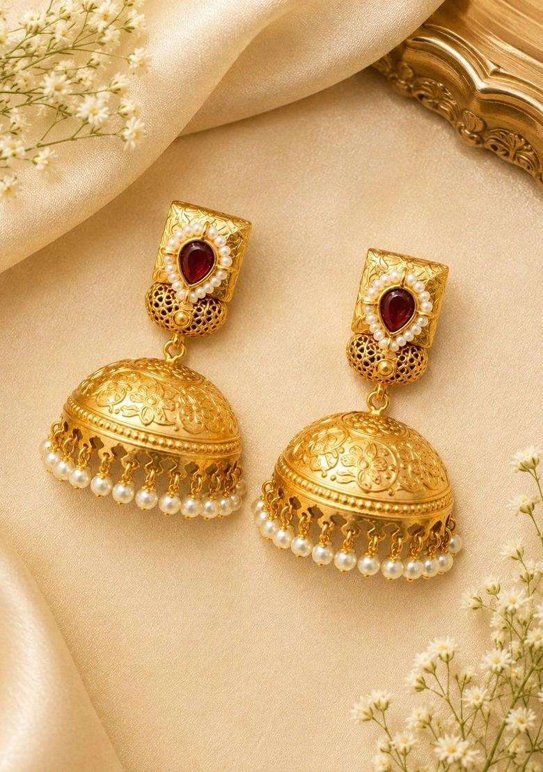 Gold-Plated Dome Shaped Jhumkas Earrings with Kundan for Women | Traditional Temple Jewellery for Wedding & Festive Wear | Gift for Her - Indya