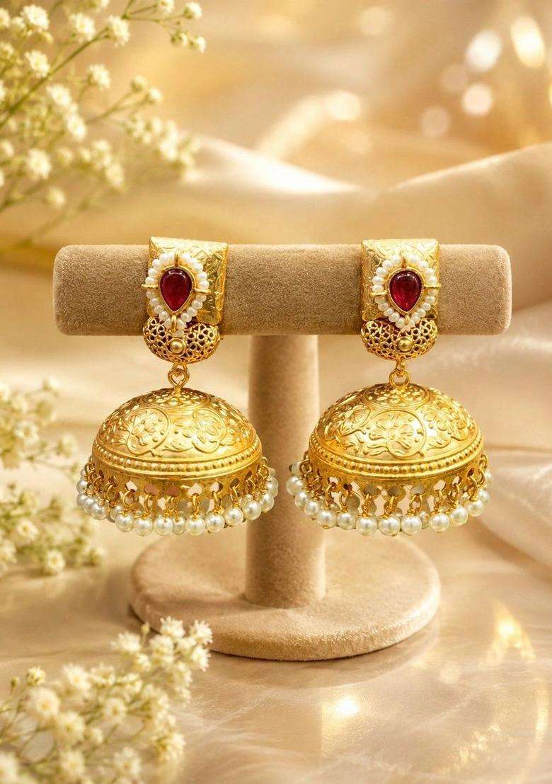 Gold-Plated Dome Shaped Jhumkas Earrings with Kundan for Women | Traditional Temple Jewellery for Wedding & Festive Wear | Gift for Her - Indya