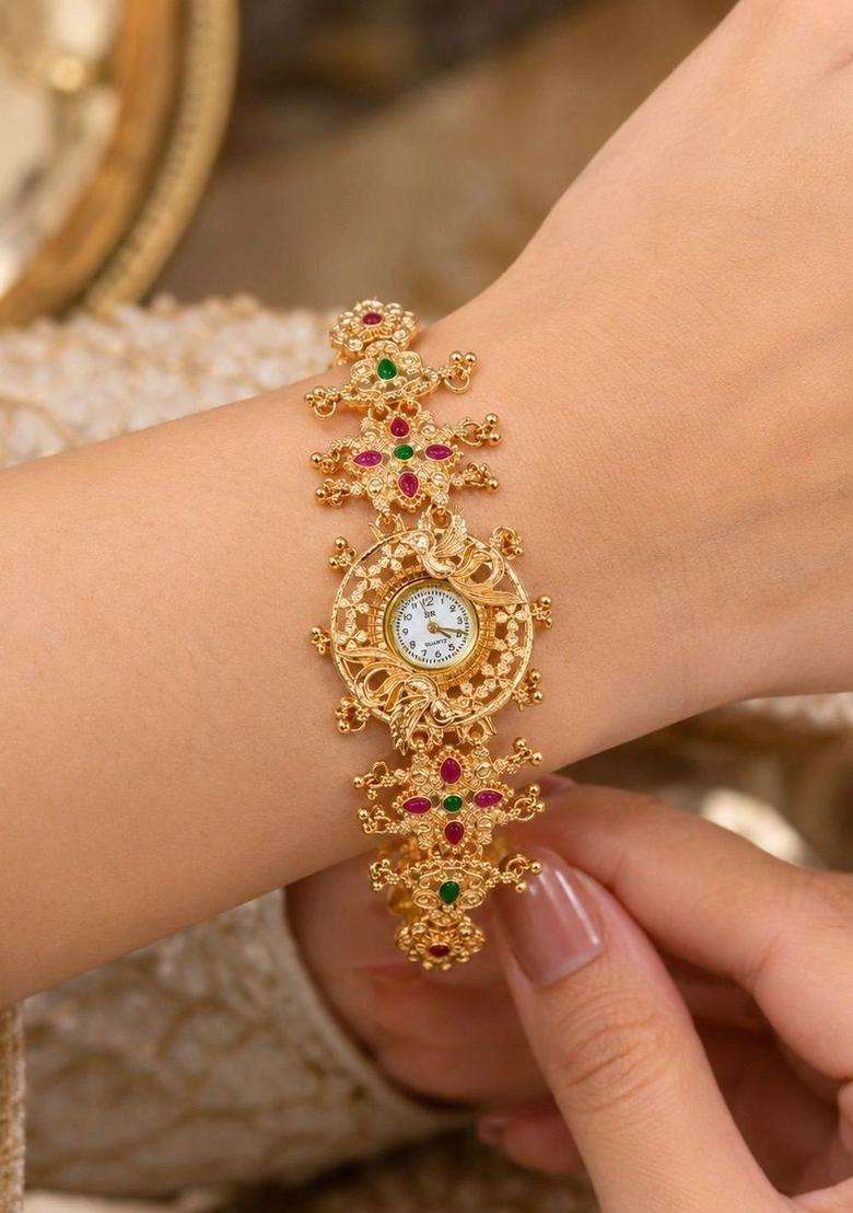 Brass Temple Gold-Plated Link Bracelet for Women | Traditional Temple Jewellery for Wedding & Festive Wear | Gift for Her - Indya