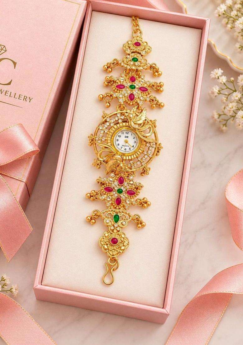 Brass Temple Gold-Plated Link Bracelet for Women | Traditional Temple Jewellery for Wedding & Festive Wear | Gift for Her - Indya