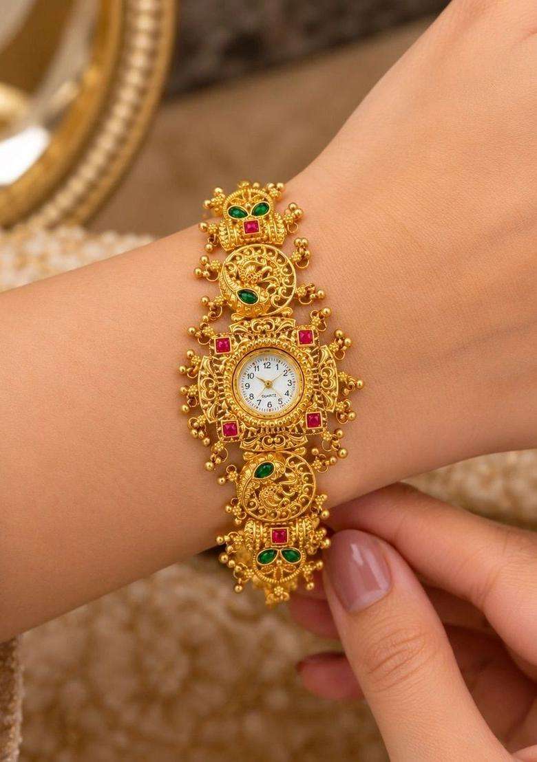 Brass Temple Gold-Plated Bangle-Style Bracelet for Women | Traditional Temple Jewellery for Wedding & Festive Wear | Gift for Her - Indya