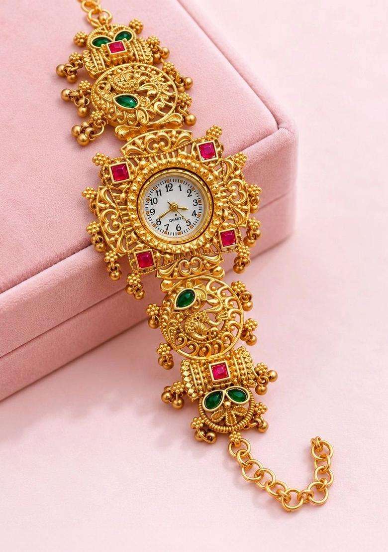 Brass Temple Gold-Plated Bangle-Style Bracelet for Women | Traditional Temple Jewellery for Wedding & Festive Wear | Gift for Her - Indya