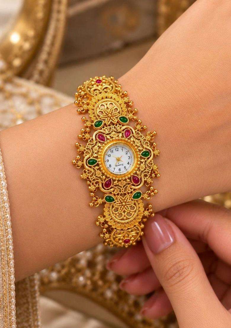 Brass Temple Gold-Plated Bangle-Style Bracelet for Women | Traditional Temple Jewellery for Wedding & Festive Wear | Gift for Her - Indya