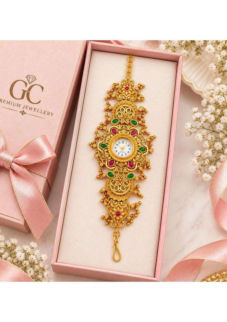 Brass Temple Gold-Plated Bangle-Style Bracelet for Women | Traditional Temple Jewellery for Wedding & Festive Wear | Gift for Her - Indya