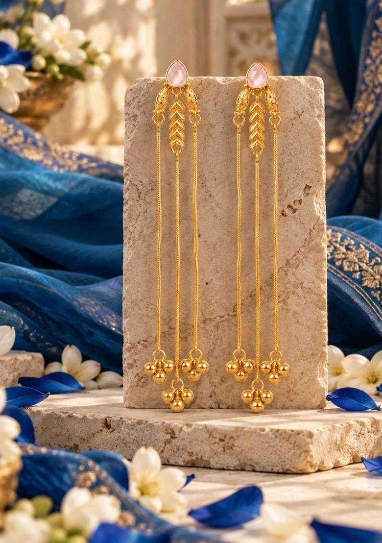 Gold-Plated Rose Quartz Leaf Shaped Ghungaroo Kashmiri Drop Earrings for Women | Traditional Temple Jewellery for Wedding & Festive Wear | Gift for Her - Indya