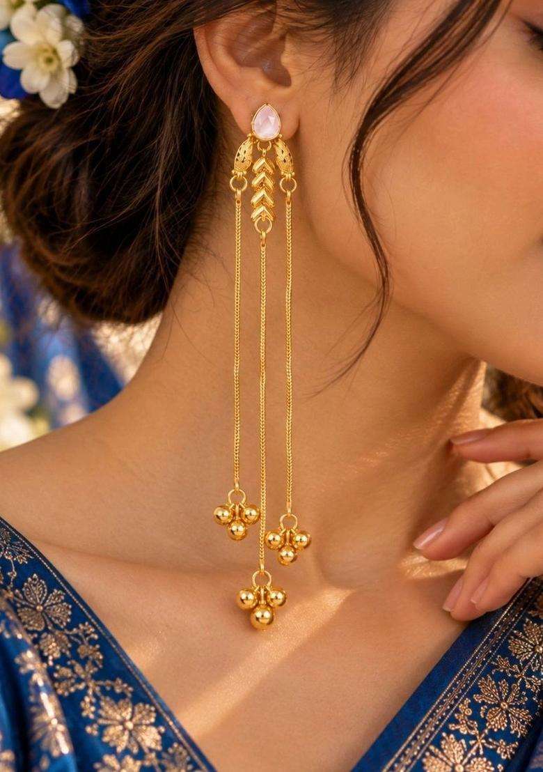 Gold-Plated Rose Quartz Leaf Shaped Ghungaroo Kashmiri Drop Earrings for Women | Traditional Temple Jewellery for Wedding & Festive Wear | Gift for Her - Indya