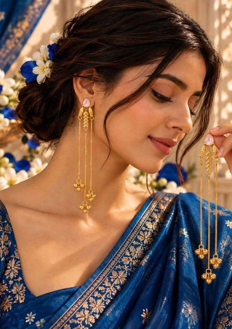 Gold-Plated Rose Quartz Leaf Shaped Ghungaroo Kashmiri Drop Earrings for Women | Traditional Temple Jewellery for Wedding & Festive Wear | Gift for Her - Indya