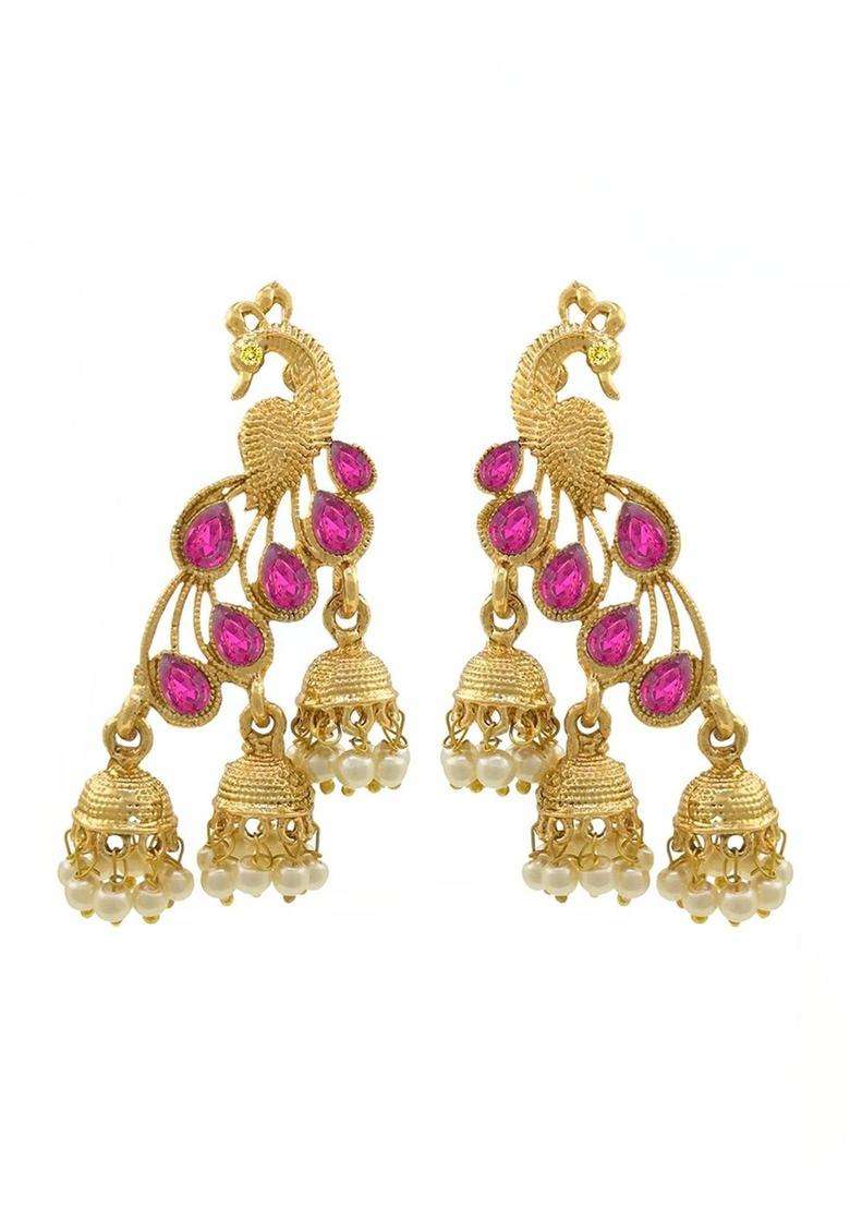 Gold-Plated Peacock Shaped Jhumkas Earrings for Women | Traditional Temple Jewellery for Wedding & Festive Wear | Gift for Her - Indya