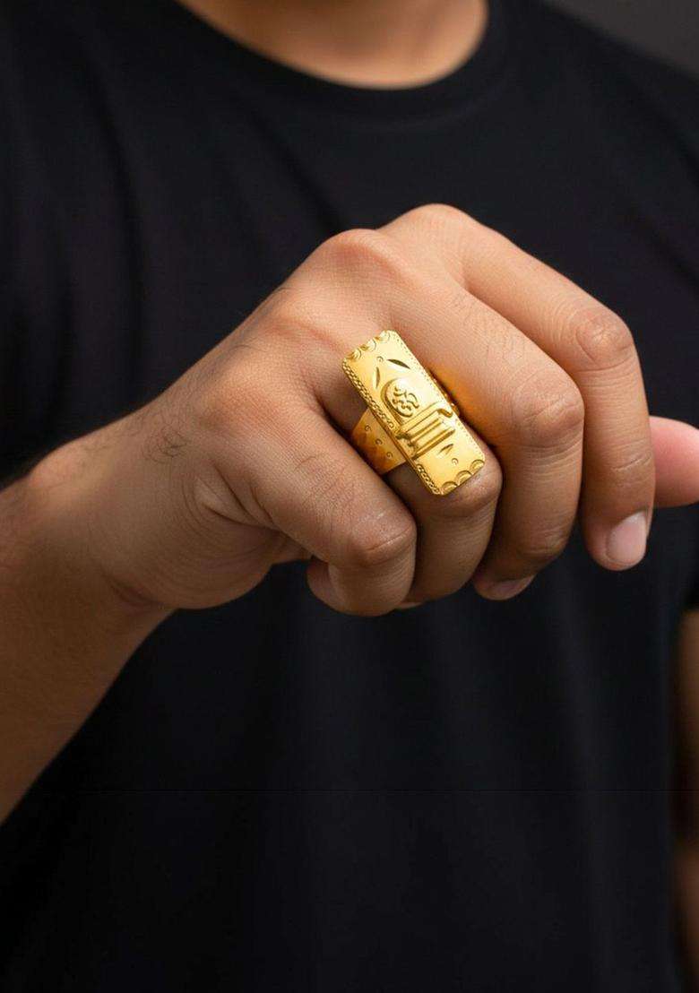 Stainless Steel Gold-Plated Temple Finger Ring for Men | Traditional Temple Jewellery for Wedding & Festive Wear | Gift for Him - Indya