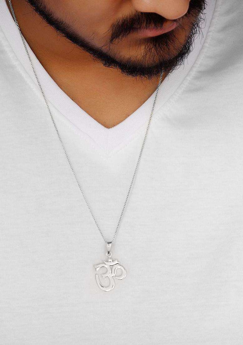Rhodium-Plated 925 Sterling Silver Om Pendant Chain for Men & Women | Stylish Party & Everyday Wear | Festive Gift - Indya