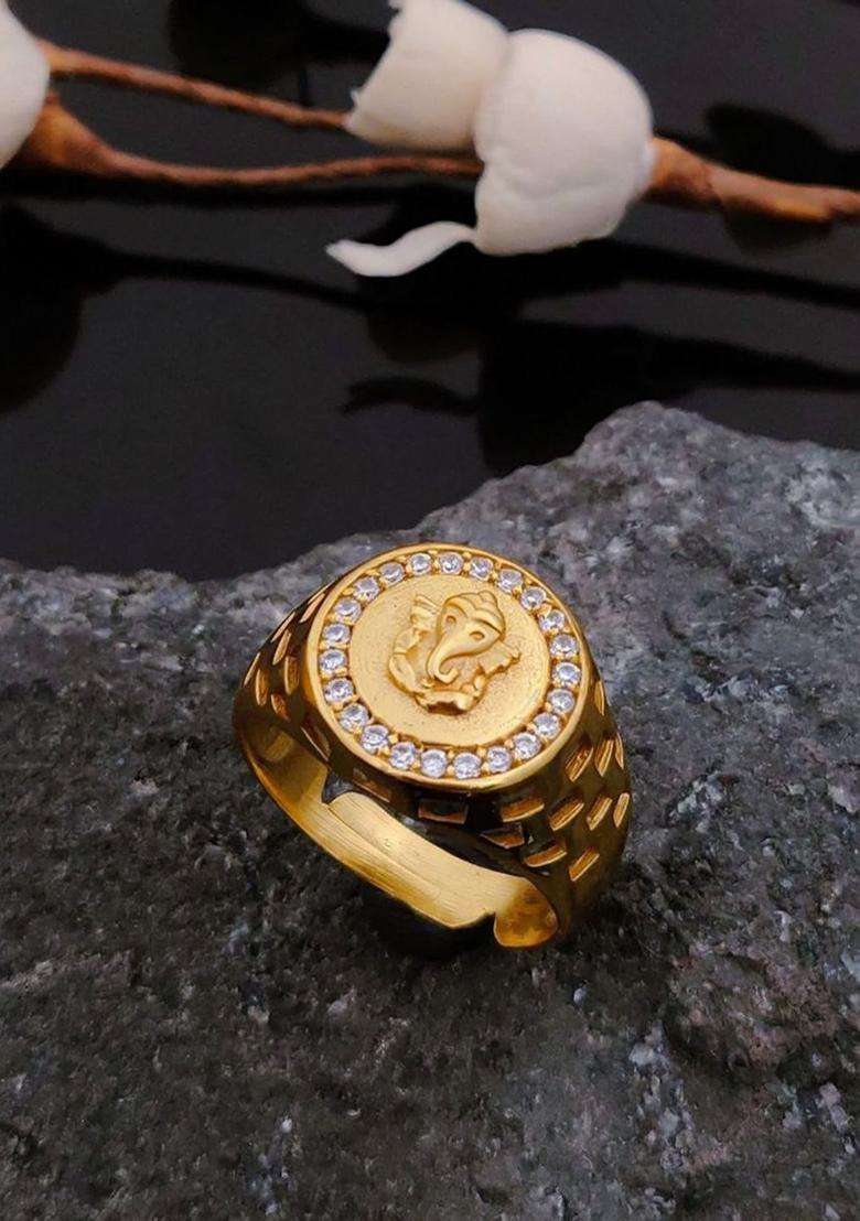 Gold-Plated Temple Cubic Zirconia Finger Ring for Men & Women | Traditional Temple Jewellery for Wedding & Festive Wear | Festive Gift - Indya
