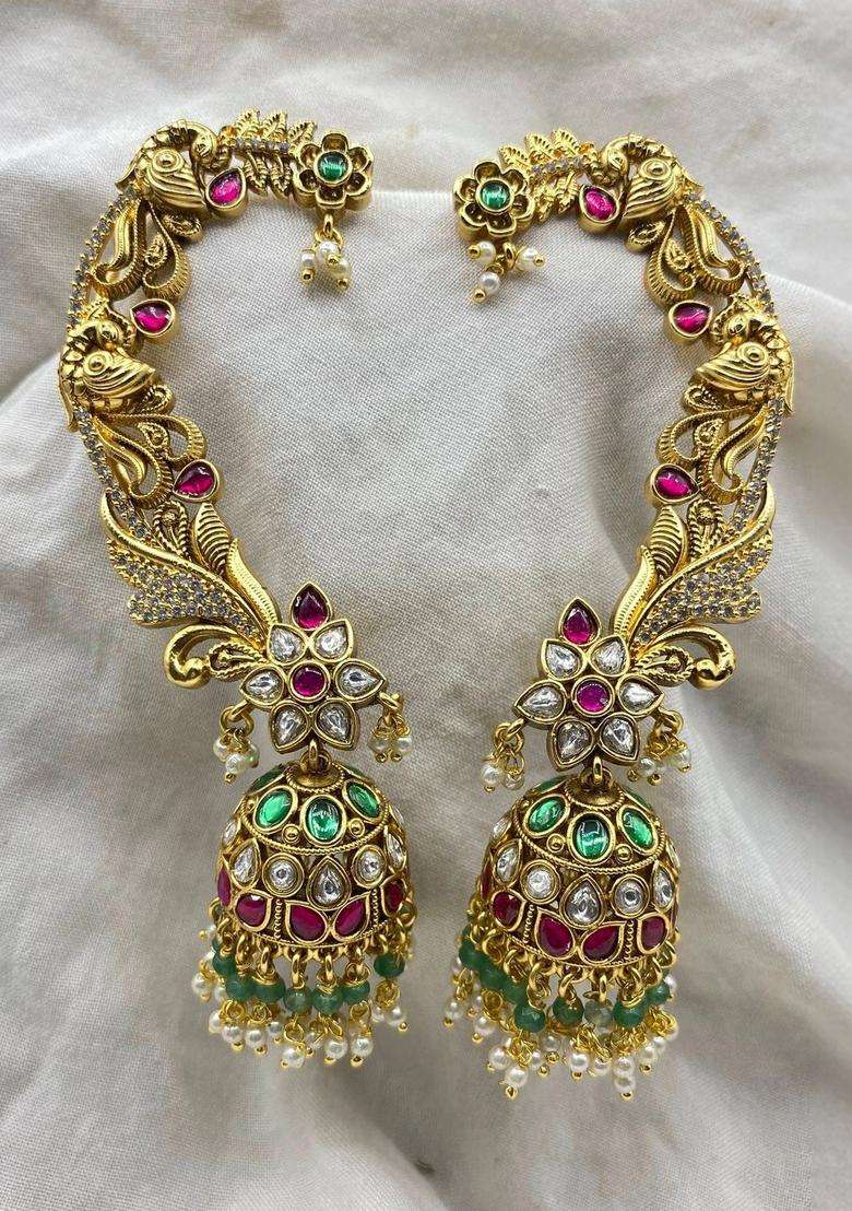 Gold-Plated Floral Ear Cuff Earrings with Kundan for Women | Traditional Temple Jewellery for Wedding & Festive Wear | Gift for Her - Indya