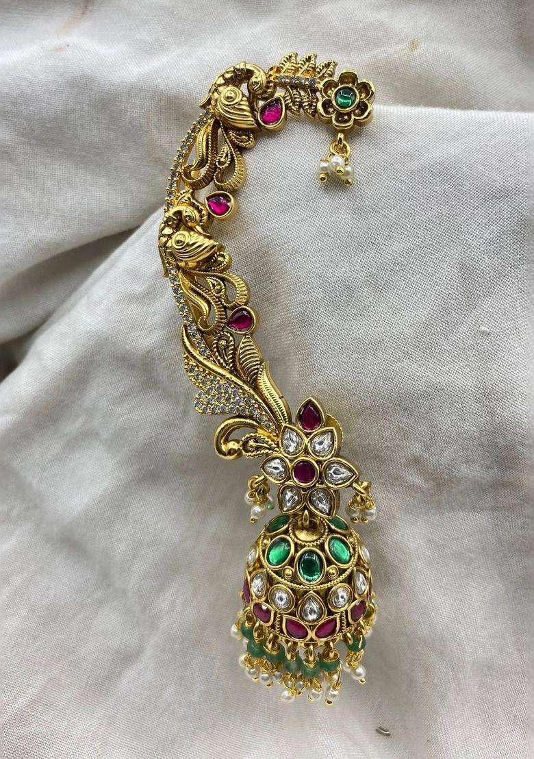 Gold-Plated Floral Ear Cuff Earrings with Kundan for Women | Traditional Temple Jewellery for Wedding & Festive Wear | Gift for Her - Indya