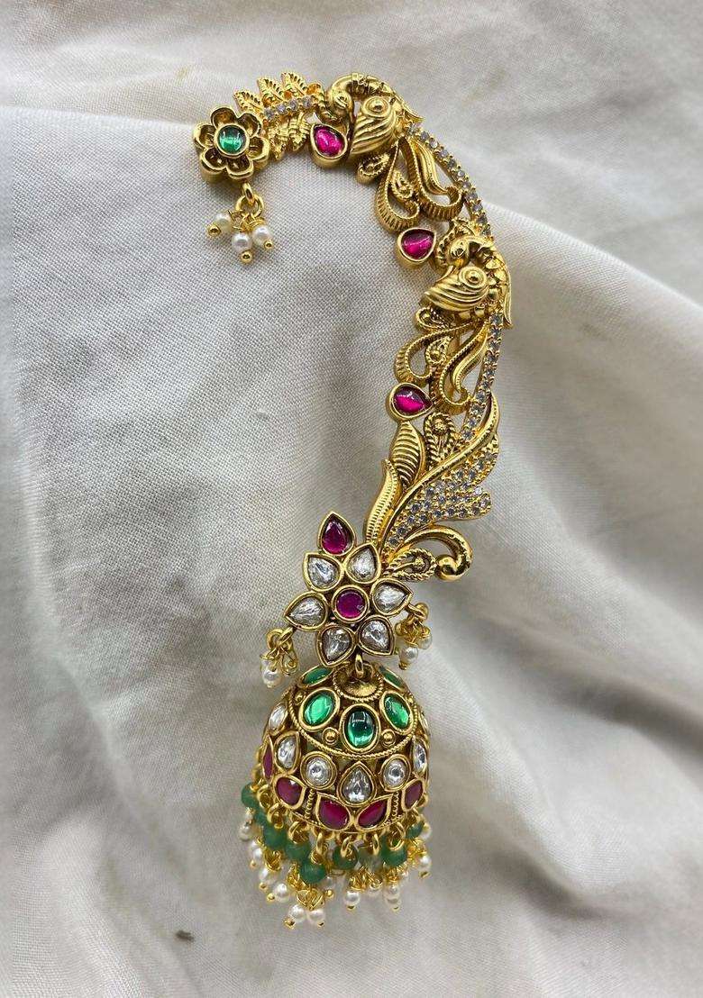Gold-Plated Floral Ear Cuff Earrings with Kundan for Women | Traditional Temple Jewellery for Wedding & Festive Wear | Gift for Her - Indya